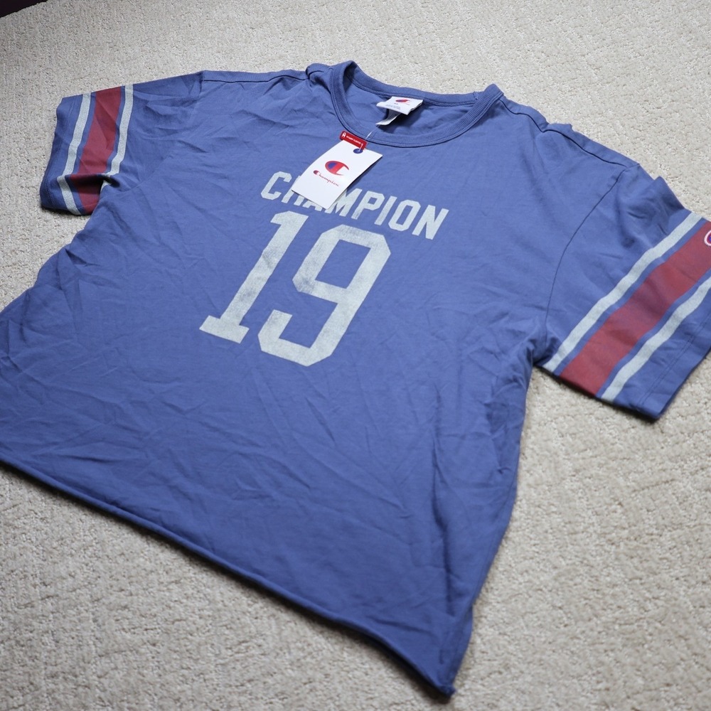 Champion Womens Quarter Half Distressed Cropped Tee Gray Blue XL CPW253TS03005
